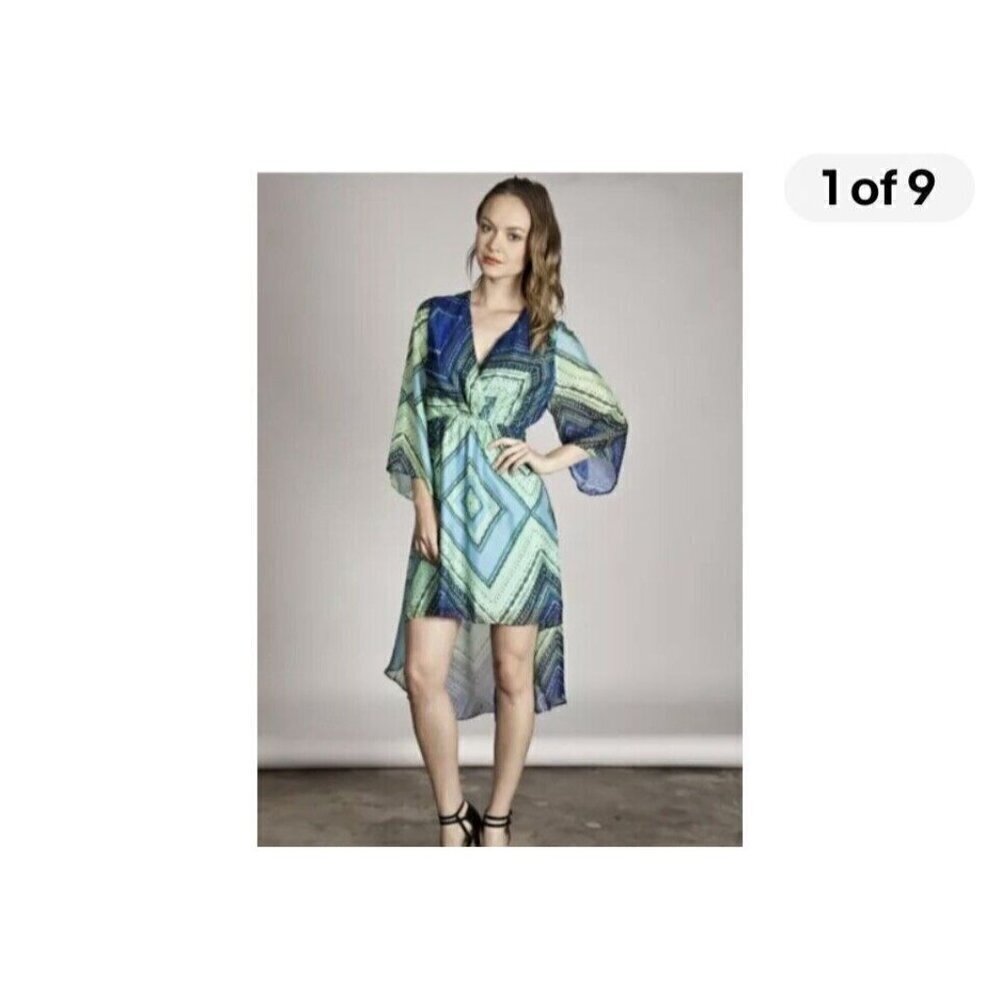 Umgee Women's Plunge Dress Green Mint Ikat Kimono Sleeve High Low Boho Size‎ L
